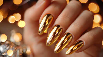 Gleaming Gold. A close-up of glossy, metallic yellow chrome nails