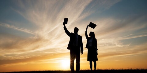 Fototapeta premium Two silhouetted figures are holding up their graduation caps in a triumphant gesture at sunset