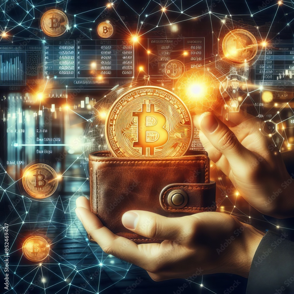 Poster a captivating image of hands holding a leather wallet with a prominent bitcoin coin, set against a d