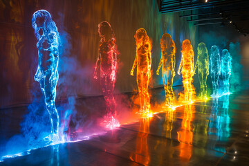 Group of women representing the chakras standing in a row with colorful aura and smoke