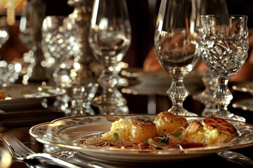 Luxurious Dining Scene Featuring Gourmet Potato Dishes, Fine China, and Sophisticated Table Settings