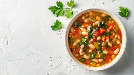 White bean and vegetable soup in a white bowl on a white background viewed from above with space for text