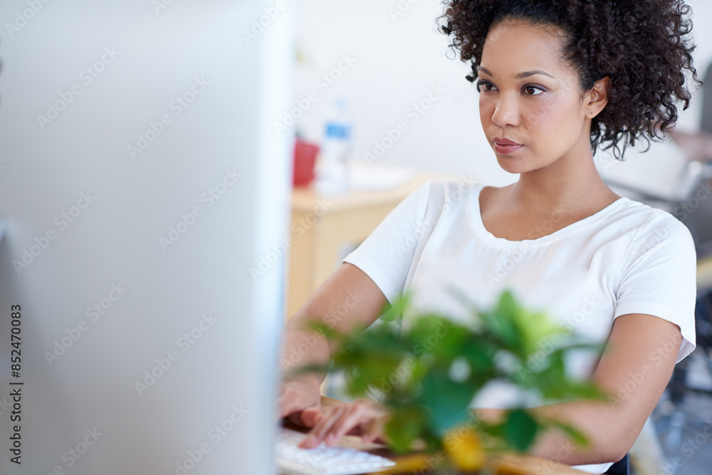 Poster problem solving, startup or african woman on computer for project development or company in office. 