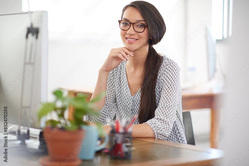Aufkleber Happy, portrait or woman on computer for problem solving, project solution or online troubleshooting. Startup, programming upgrade or confident web developer thinking of information technology system