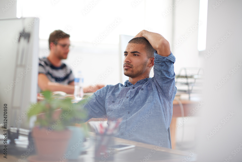 Aufkleber Doubt, thinking or man on computer in startup for information technology, problem solving or online firewall. Creative technician, programming or confused web developer troubleshooting for solution
