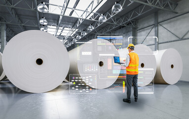 Engineer or technician work in paper factory with digital interface