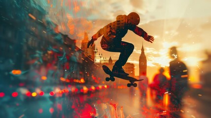 Naklejka premium Skateboarding, emphasis on skater, copy space, vibrant colors, double exposure silhouette with metropolitan landscape.