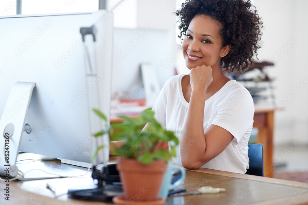 Poster portrait, web designer or happy woman on computer for digital project development or problem solving