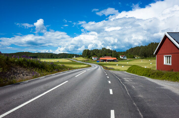 Scandinavian rural landscape, Asphalt road with white markings going through picturesque farmland with traditional swedish wooden red houses, Summer sunny day, Västra Götaland County, Sweden