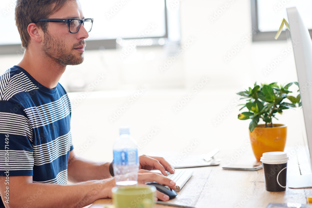 Poster freelancer, entrepreneur or man on computer in startup for digital project development or problem so