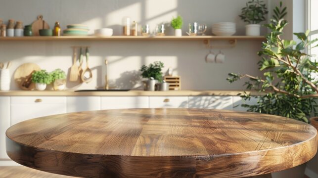 Polished Round Wooden Tabletop in Bright Clean Kitchen Interior, Ideal for Product Displays. Minimalist and Modern Design, Featuring a Spotless, Well-Lit Space with Natural Light and Pristine Surfaces