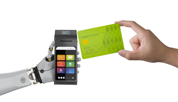 Cashless payment with robot hand holding credit card reader with credit card