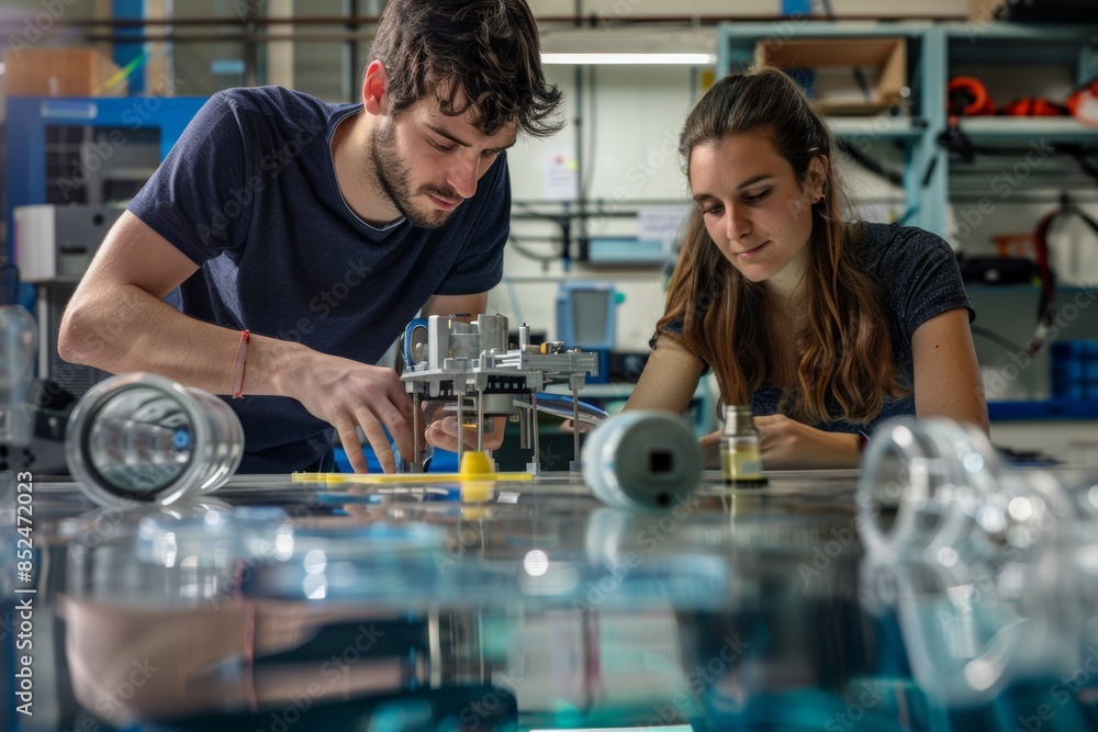 Poster engineers working on tidal energy converter prototype in research lab - collaborative engineering