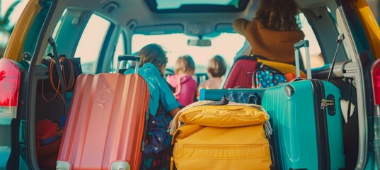 Family Packing Colorful Suitcases in Car Trunk for Exciting Holiday Adventure