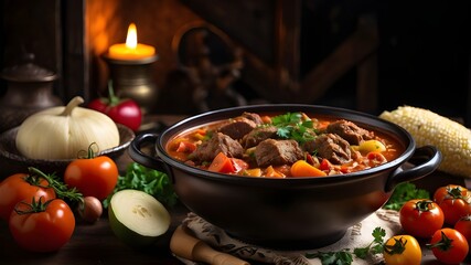 Eid ul Azha special: Hungarian goulash with meat and vegetables in a bowl, tamatos, and seasonings, placed on a dark shelf
