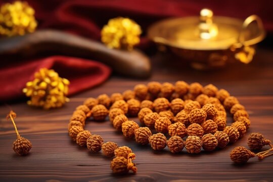 Authentic Golden Cap Rudraksha Mala, photo illustration, plain dull background