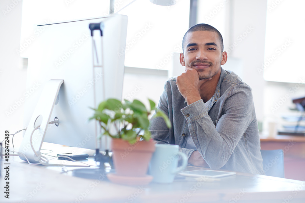 Aufkleber Happy, portrait or man on computer for problem solving, project solution or online troubleshooting. Startup, cybersecurity upgrade or confident web developer thinking of information technology system