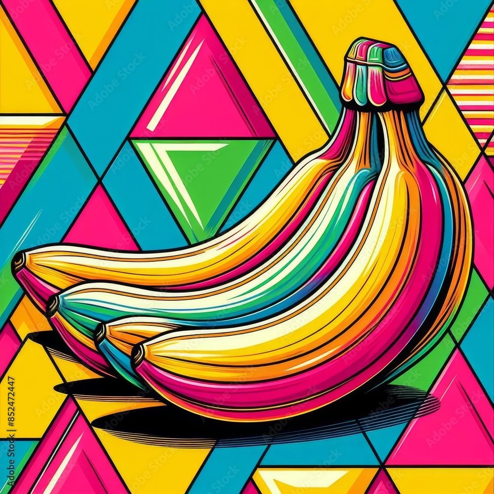 Poster vibrant and colorful abstract art featuring a pair of bananas against a geometric background of tria