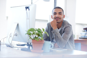 Happy, portrait or man on computer for problem solving, project solution or online troubleshooting....
