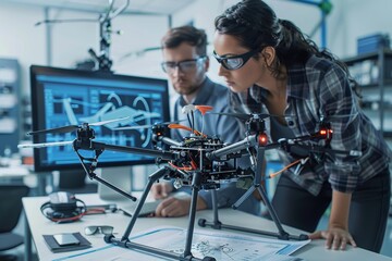 Engineers Collaborating on Renewable Energy Drone Prototype in Modern Research Laboratory