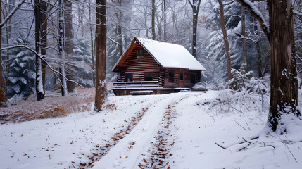 Snowy Forest Cabin with Path - Realistic Winter Scene Photography