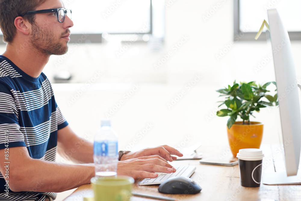 Poster Startup, creative or man on computer for information technology, problem solving or online firewall. Technician reading, programming upgrade or web developer typing for troubleshooting or solution