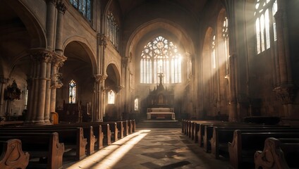 Fototapeta premium interior of old cathedral with sun rays 