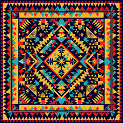 print design in the style of ethnic carpet patterns, Aztec art and African textile designs. Red blue yellow orange