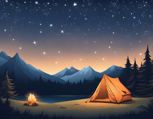 Nighttime camping scene with an orange-glowing tent beneath a vast, starry sky