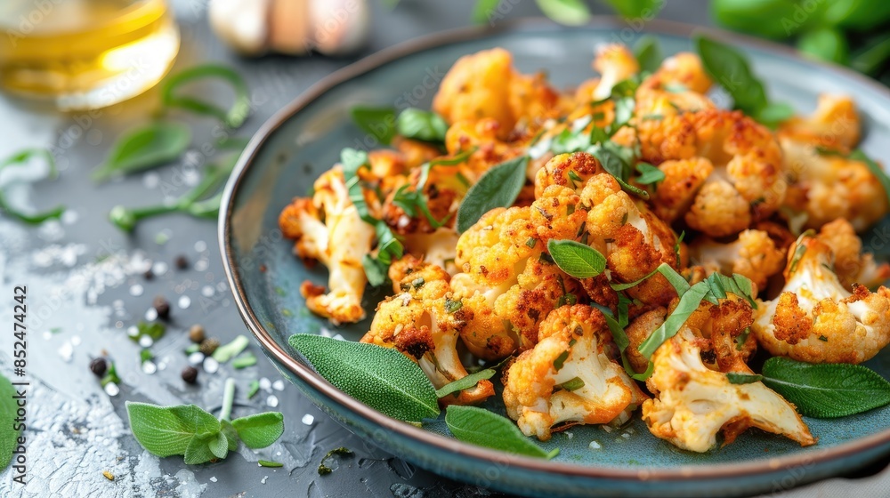 Sticker cauliflower fried with herbs served on a plate