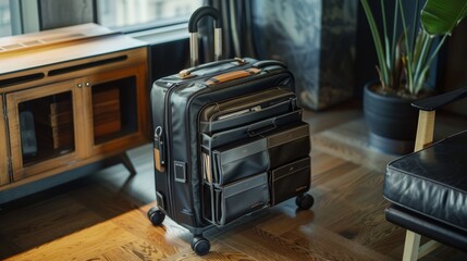 Naklejka premium Sleek Rolling Briefcase with Multiple Compartments in Modern Office Setting for Professionals