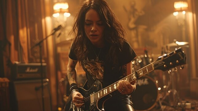 Portrait of a rock girl playing Bass Guitar: A dynamic shot of a female in grunge rock attire, playing an electric bass guitar, with a fierce expression and intense energy.