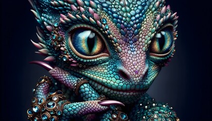 Fototapeta premium Fotografía, criatura mística, reina, rey, dragón, joyas, escamas, majestuoso, detallado, colores vibrantes, arte digital, surrealismo, mágico, deslumbrante, elegante, místico, extraterrestre