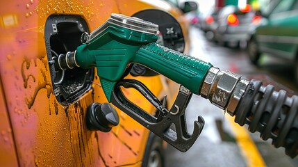 A green gas pump nozzle inserted into a cars fuel tank