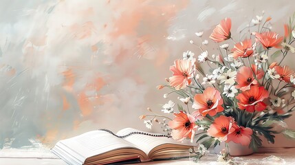 An illustration of a blank diary with a bouquet of fresh flowers and a delicate necklace, featuring soft, warm tones and plenty of copy space