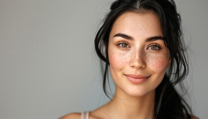 Portrait young smiling woman long black hair skin care beauty skincare cosmetics grey background copy space