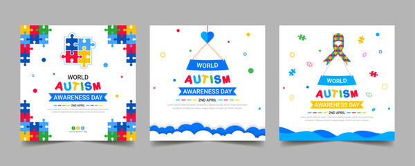 World autism awareness day social media post banner template set. Symbol of autism, World Awareness Day card. 2 April