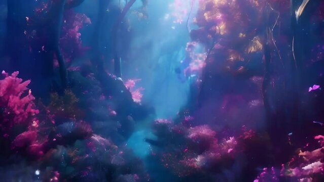 A magical sparkling imaginary world with shiny trees, butterflies and flowers