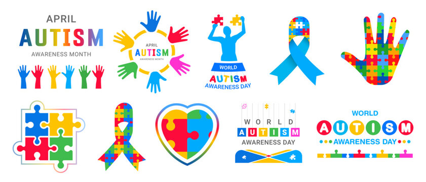 Set of world autism day illustrations. 2 April world autism awareness day background design bundle. puzzles, head, child, heart, hand, ribbon, etc. - Powered by Adobe
