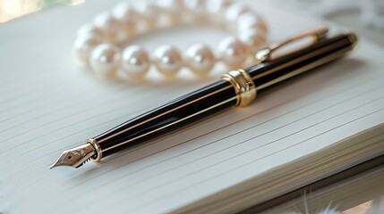 A high-resolution image of a blank diary page with a sleek pen and a beautiful necklace, perfect for a classy and elegant background with copy space
