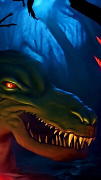 The head of a green monster with sharp teeth