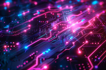 abstract futuristic background with neon glowing cyberpunk elements and circuit board patterns. digital technology concept