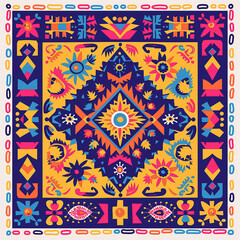 Doodle geometric shapes with bold lines and colors for cultural background decoration. Vibrant ethnic motifs in square frame on white backdrop