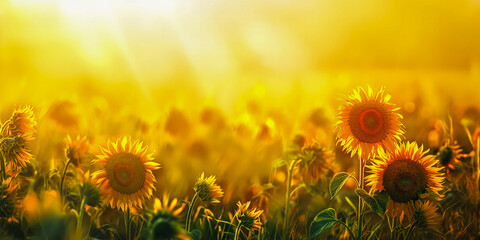 Fototapeta premium Golden sunflowers standing tall in a vibrant meadow, creating a sunny and joyful background. Great for summer designs, advertisements, and nature projects. Copy space
