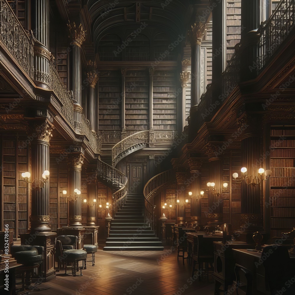 Poster stunning image of an opulent library with towering bookshelves and a grand spiral staircase. warm li