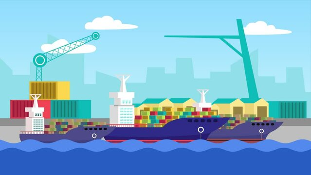 International logistics and cargo delivery concept. Full length animation illustration. High quality 4k footage.