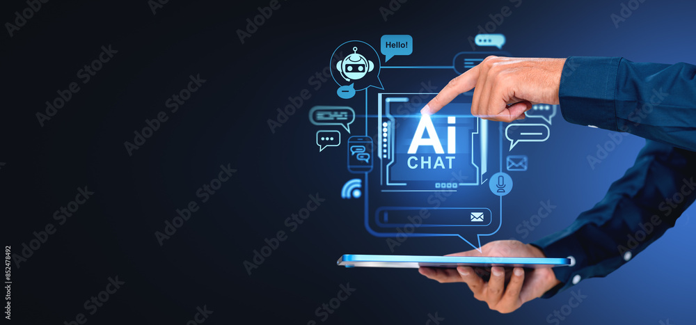 Aufkleber man with tablet finger touch glowing ai hologram with messages. copy space