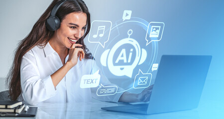 Woman using laptop and AI chat bot for creative services