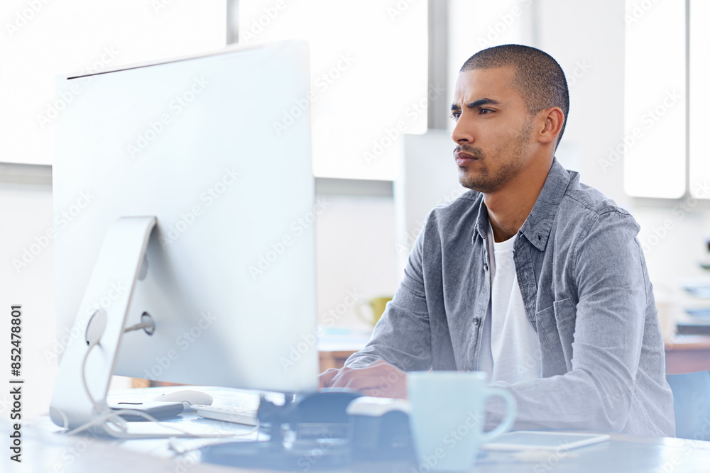 Poster Confused, doubt or man on computer for problem solving, error solution or troubleshooting online. Startup, cybersecurity glitch or serious web developer thinking of information technology or system