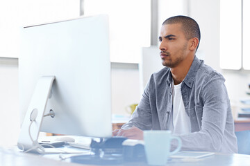 Confused, doubt or man on computer for problem solving, error solution or troubleshooting online....